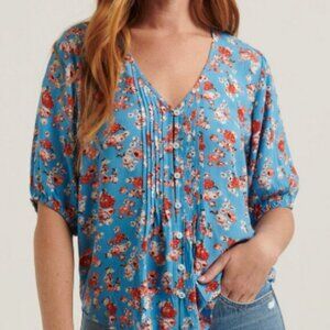 Lucky Brand Flower Print Blue Boho Blouse - Size Small